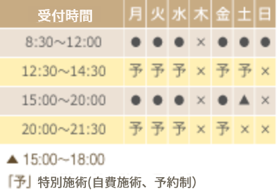 受付時間／8：30～12：00、15：00～20：00（土曜午後は15：00～18：00、日曜午後はなし） 休診／木曜日、第1日曜日、祝日　特別施術（自費施術）は、開院日の12:30～14:30、20:00～でお受けしています（予約制、土・日曜を除く）